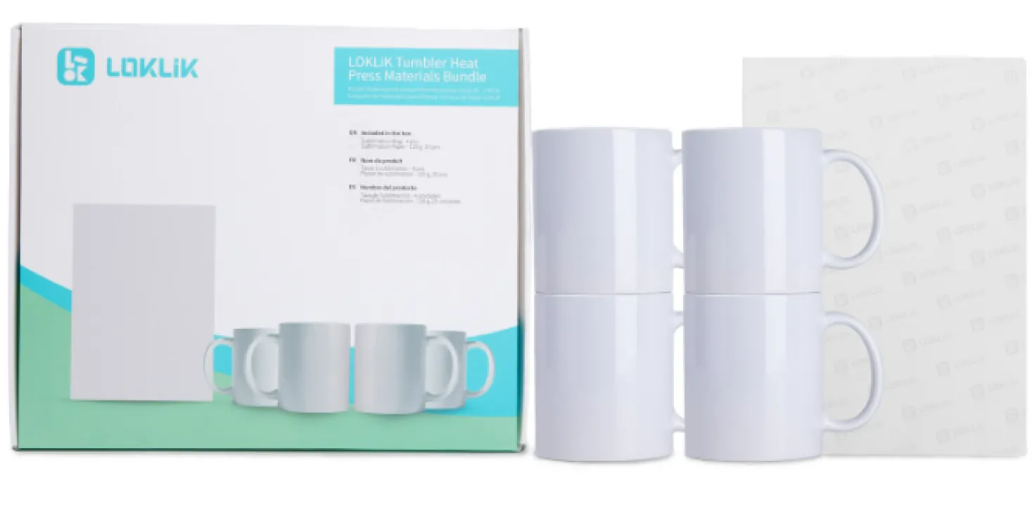 LOKLIK - Bundle - Starter Pack til Auto Tumbler Heat Press - 4x Sublimation Mugs - 325 ml + Sublimation Paper - 120g - 20pcs
