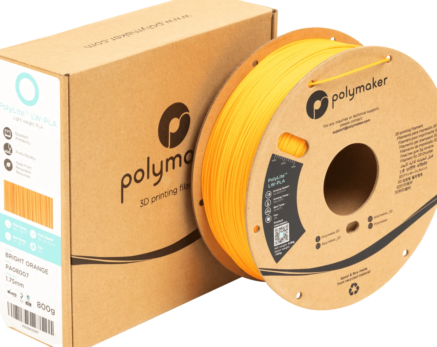 Polymaker - Polylite LW-PLA - Bright Orange - 1.75mm - 800g