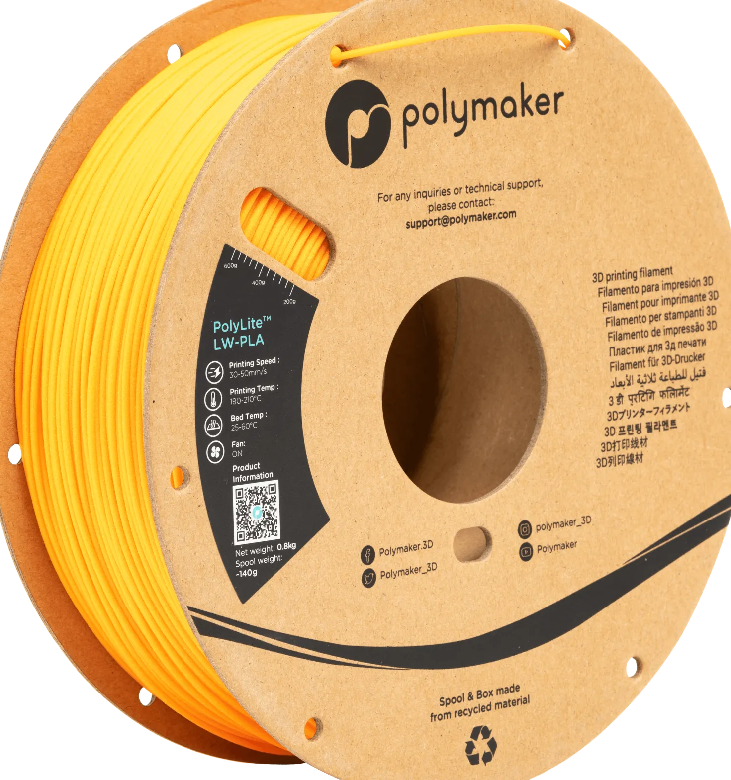 Polymaker - Polylite LW-PLA - Bright Orange - 1.75mm - 800g