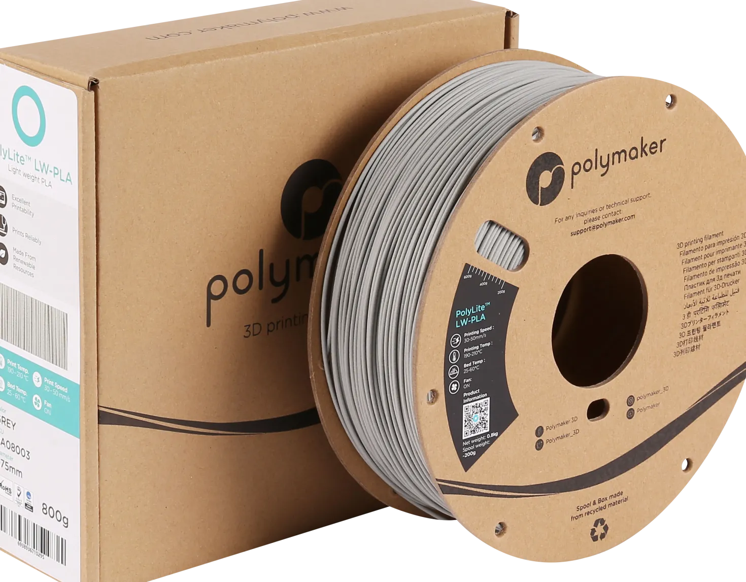 Polymaker - Polylite LW-PLA - Grey - 1.75mm - 800g