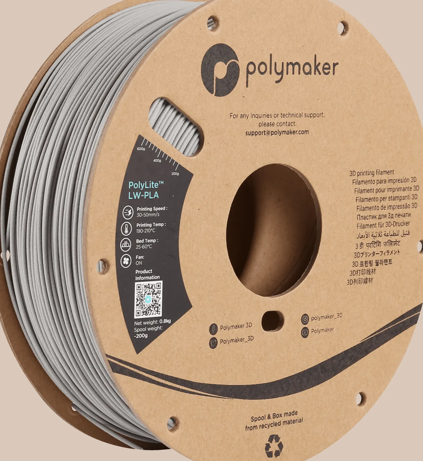Polymaker - Polylite LW-PLA - Grey - 1.75mm - 800g