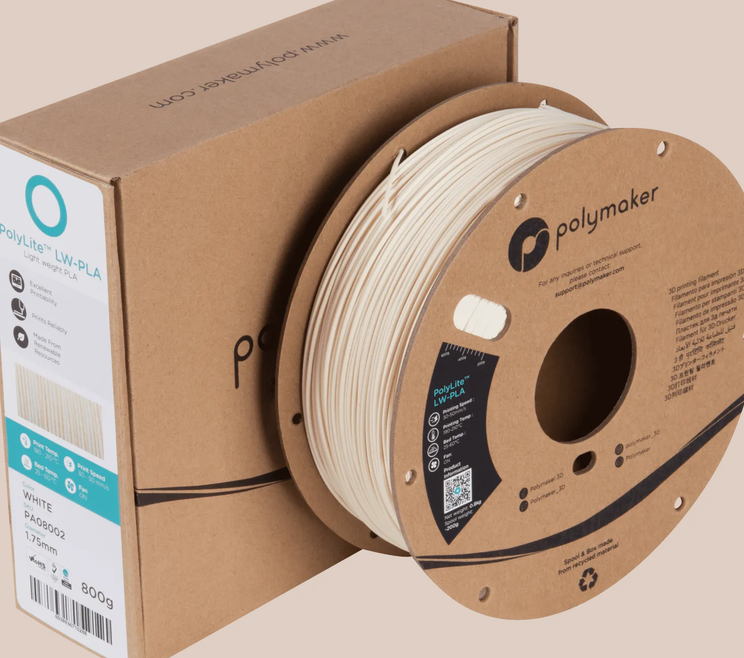 Polymaker - Polylite LW-PLA - White - 1.75mm - 800g
